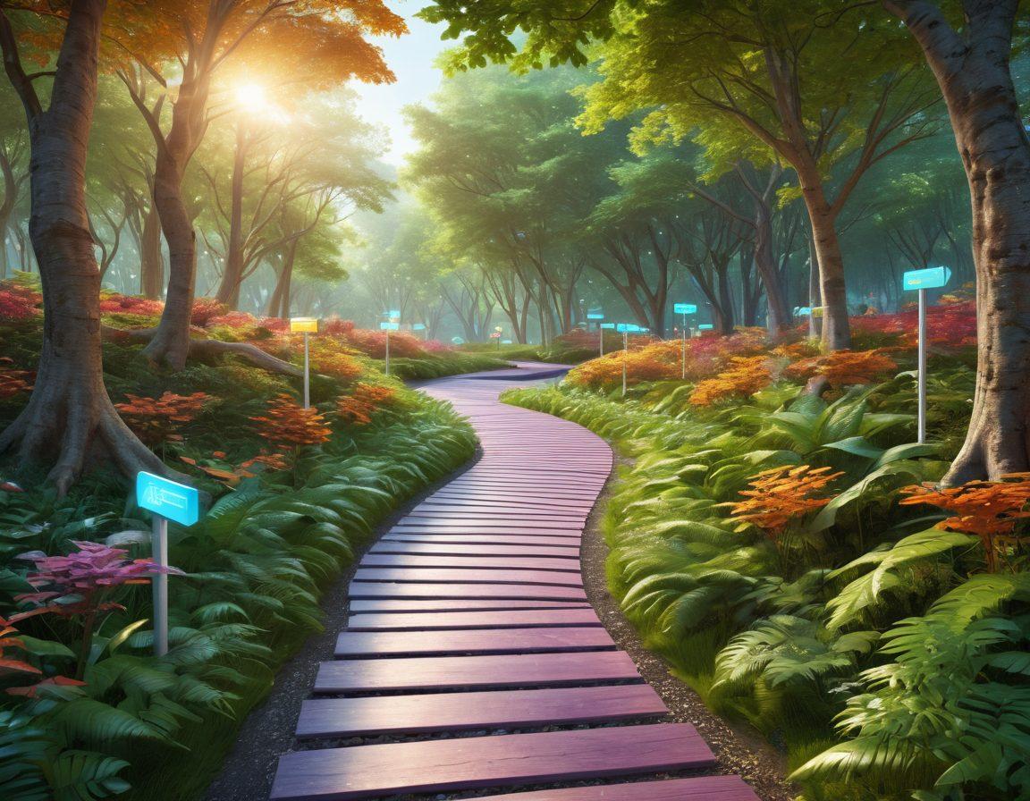 A serene pathway winding through a verdant, digital forest where various financial services like personal loans, credit cards, and credit repair assistance bloom as vibrant trees. Signs along the path guide a businessperson confidently walking forward, symbolizing successful navigation. futuristic style. vivid colors. 3D rendering.