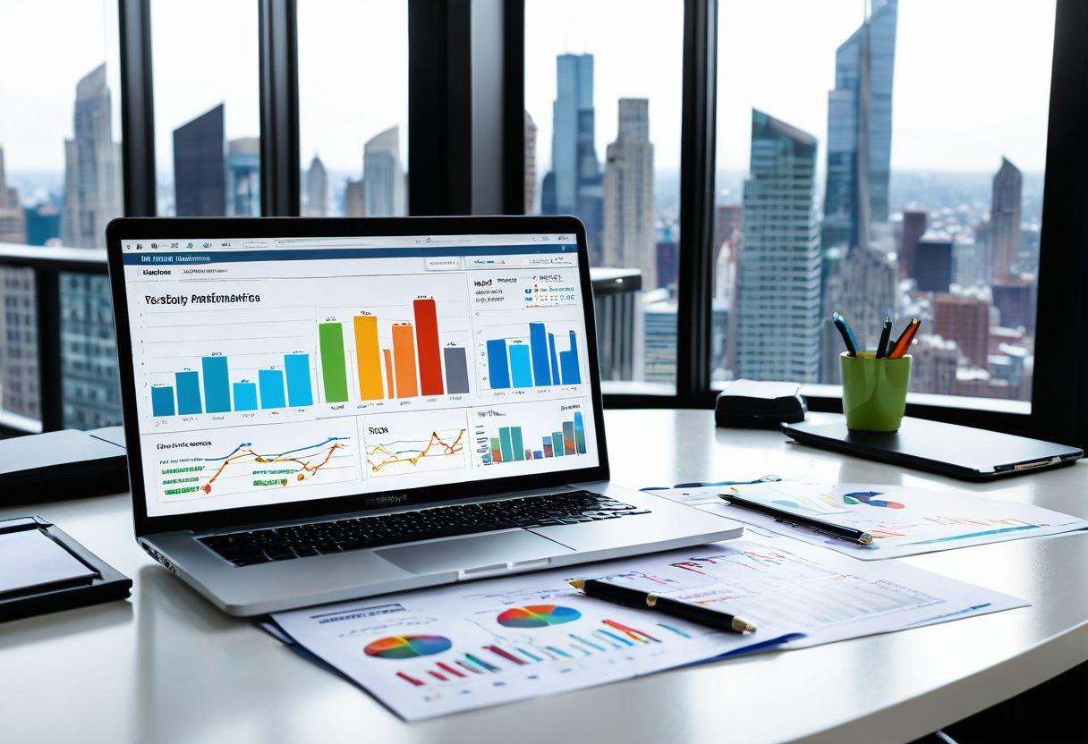 An elegant office desk with financial documents, a laptop showing graphs and charts, a magnifying glass focusing on a credit score report, and a serene background of city skyscrapers from a high-rise window. super-realistic. vibrant colors. white background.