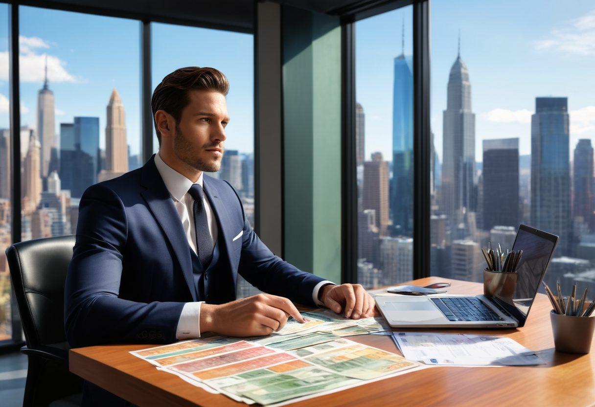A confident, professional-looking individual in business attire sitting at a desk with a laptop, surrounded by financial charts, credit cards, and dollar bills. The background features a sleek, modern office setting with a cityscape view through large windows, symbolizing growth and financial success. vibrant colors. super-realistic.
